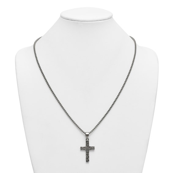 Stainless Steel Antiqued and Polished Textured Cross 24in Necklace