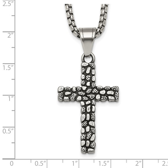 Stainless Steel Antiqued and Polished Textured Cross 24in Necklace