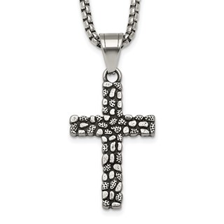Stainless Steel Antiqued and Polished Textured Cross 24in Necklace