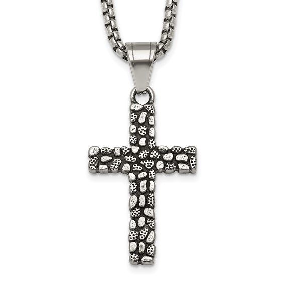 Stainless Steel Antiqued and Polished Textured Cross 24in Necklace