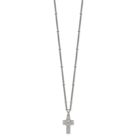 Stainless Steel Polished CZ Cross 18in w/1.75in ext. Beaded Chain Necklace