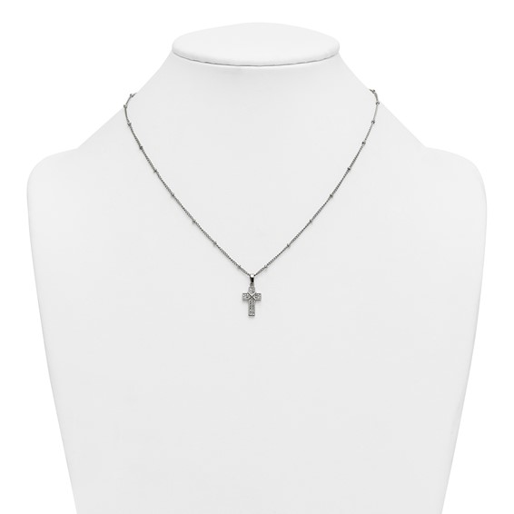 Stainless Steel Polished CZ Cross 18in w/1.75in ext. Beaded Chain Necklace