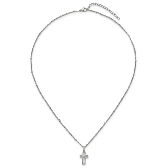 Stainless Steel Polished CZ Cross 18in w/1.75in ext. Beaded Chain Necklace