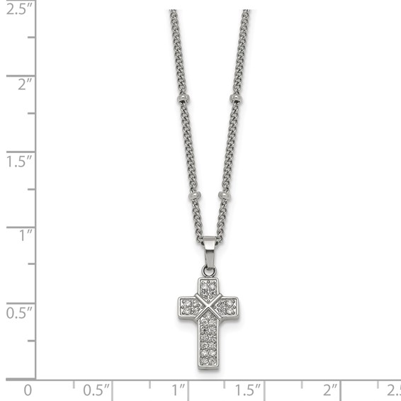 Stainless Steel Polished CZ Cross 18in w/1.75in ext. Beaded Chain Necklace