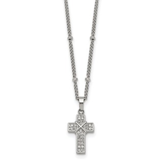 Stainless Steel Polished CZ Cross 18in w/1.75in ext. Beaded Chain Necklace
