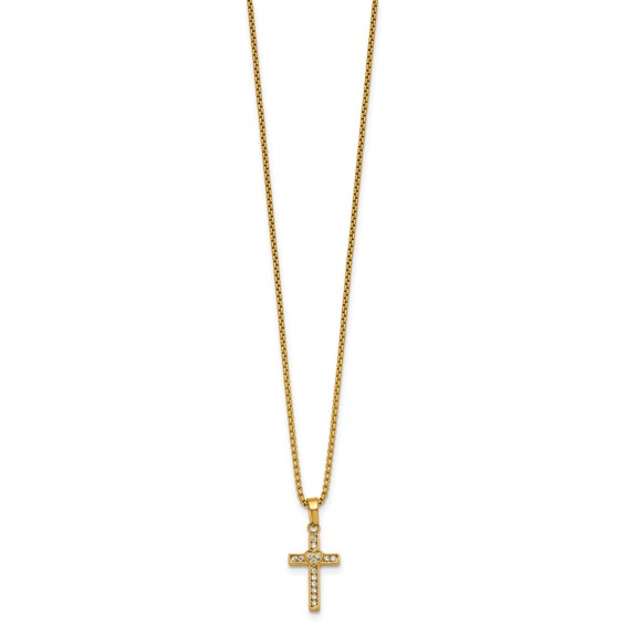 Stainless Steel Polished Yellow IP CZ Cross w/Heart 18in w/2in ext Necklace