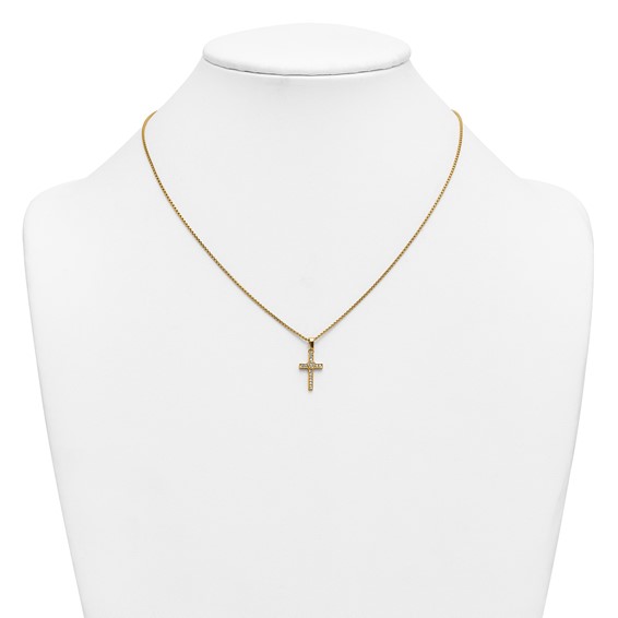 Stainless Steel Polished Yellow IP CZ Cross w/Heart 18in w/2in ext Necklace