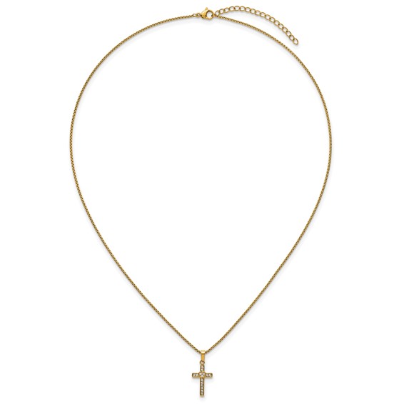 Stainless Steel Polished Yellow IP CZ Cross w/Heart 18in w/2in ext Necklace