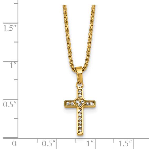 Stainless Steel Polished Yellow IP CZ Cross w/Heart 18in w/2in ext Necklace