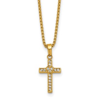 Stainless Steel Polished Yellow IP CZ Cross w/Heart 18in w/2in ext Necklace