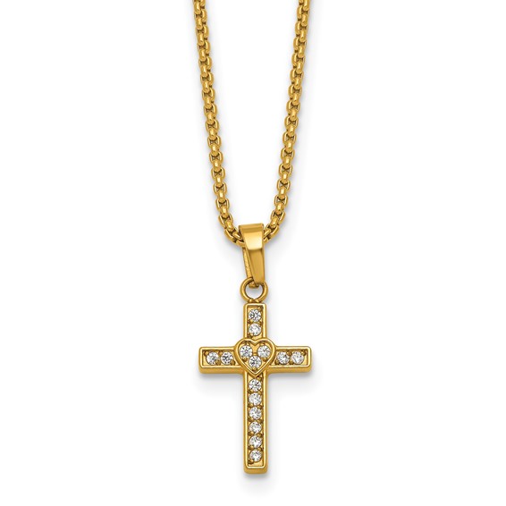 Stainless Steel Polished Yellow IP CZ Cross w/Heart 18in w/2in ext Necklace