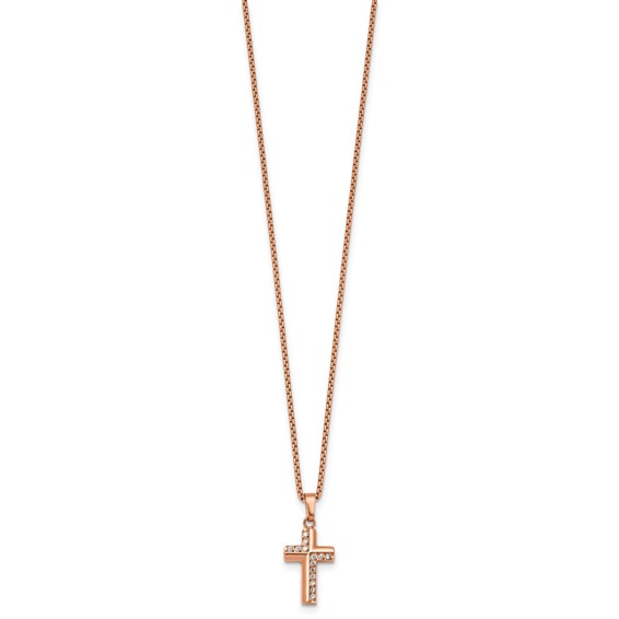 Stainless Steel Polished Rose IP CZ Cross 18in with1.75in ext. Necklace