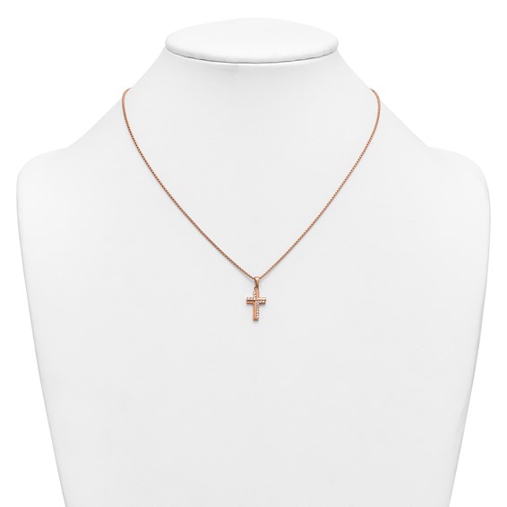 Stainless Steel Polished Rose IP CZ Cross 18in with1.75in ext. Necklace