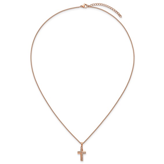Stainless Steel Polished Rose IP CZ Cross 18in with1.75in ext. Necklace