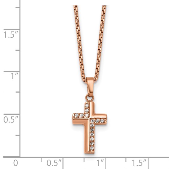 Stainless Steel Polished Rose IP CZ Cross 18in with1.75in ext. Necklace