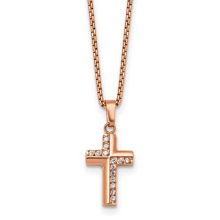 Stainless Steel Polished Rose IP CZ Cross 18in with1.75in ext. Necklace