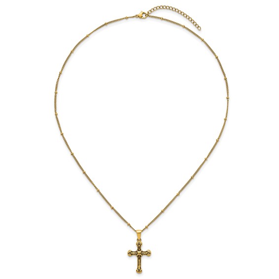 StainlessSteel Polished Enameled Yellow IP Cross 18in w/1.75in ext Necklace