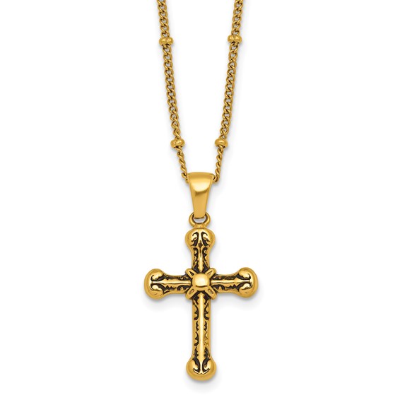 StainlessSteel Polished Enameled Yellow IP Cross 18in w/1.75in ext Necklace