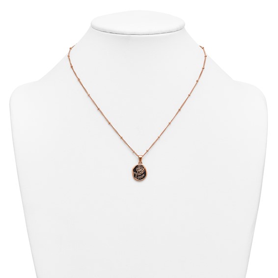 Stainless Steel Polished Rose IP Blk Enamel Rose 18in w/1.75in ext Necklace