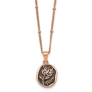 Stainless Steel Polished Rose IP Blk Enamel Rose 18in w/1.75in ext Necklace