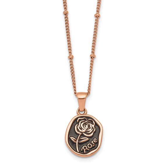 Stainless Steel Polished Rose IP Blk Enamel Rose 18in w/1.75in ext Necklace