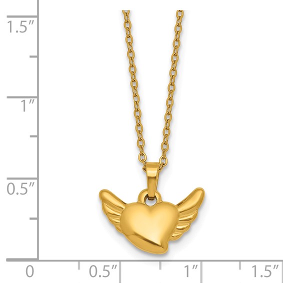 Stainless Steel Polished Yellow IP Heart w/Wings 18in w/1.75in ext Necklace