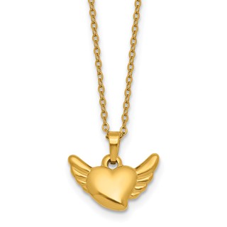 Stainless Steel Polished Yellow IP Heart w/Wings 18in w/1.75in ext Necklace