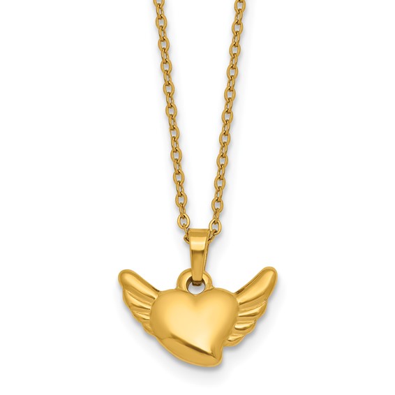 Stainless Steel Polished Yellow IP Heart w/Wings 18in w/1.75in ext Necklace