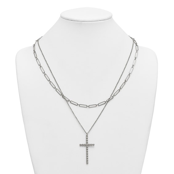 Stainless Steel Polished Beaded Cross 2-Strand 22in w/1.75in ext. Necklace