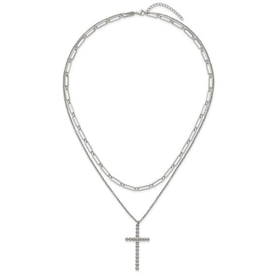 Stainless Steel Polished Beaded Cross 2-Strand 22in w/1.75in ext. Necklace