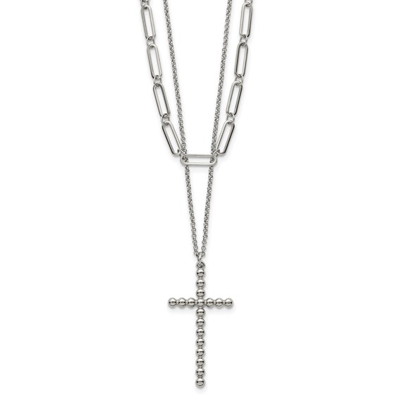 Stainless Steel Polished Beaded Cross 2-Strand 22in w/1.75in ext. Necklace