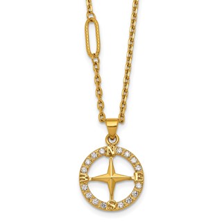 Stainless Steel Polished Yellow IP-plated CZ Compass 20in Necklace