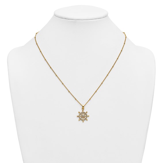 Stainless Steel Polished Yellow IP-plated CZ Ships Wheel 20in Necklace