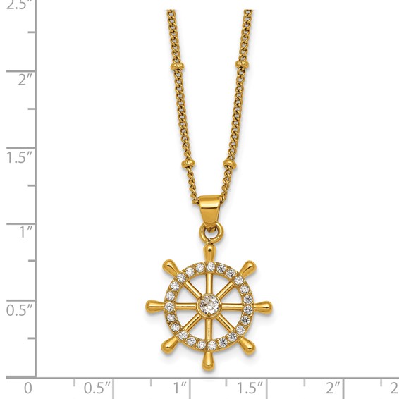 Stainless Steel Polished Yellow IP-plated CZ Ships Wheel 20in Necklace