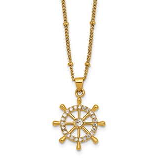 Stainless Steel Polished Yellow IP-plated CZ Ships Wheel 20in Necklace