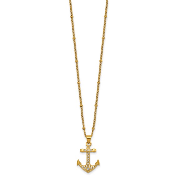 Stainless Steel Polished Yellow IP-plated  CZ Anchor 20in Necklace