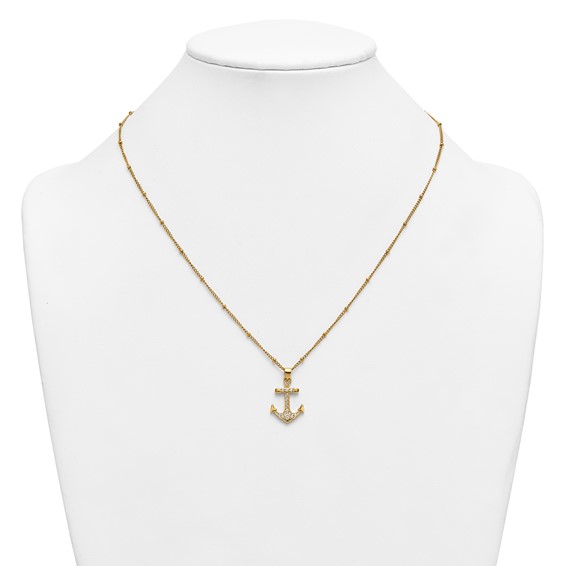 Stainless Steel Polished Yellow IP-plated  CZ Anchor 20in Necklace