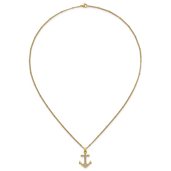 Stainless Steel Polished Yellow IP-plated  CZ Anchor 20in Necklace