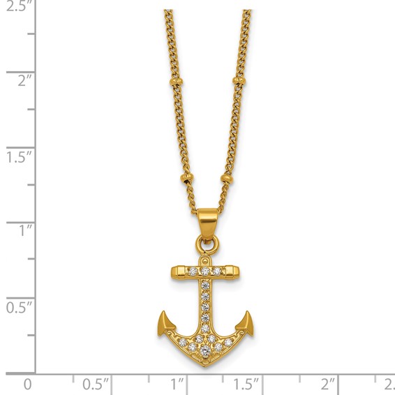 Stainless Steel Polished Yellow IP-plated  CZ Anchor 20in Necklace