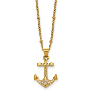 Stainless Steel Polished Yellow IP-plated  CZ Anchor 20in Necklace