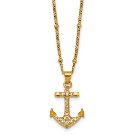 Stainless Steel Polished Yellow IP-plated  CZ Anchor 20in Necklace