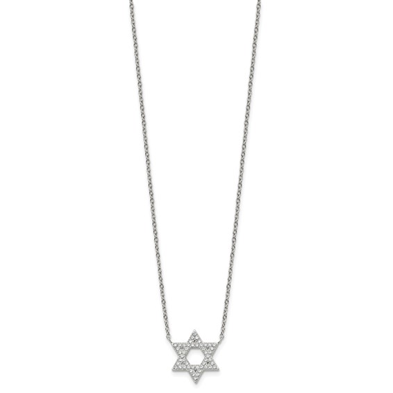 Stainless Steel Polished w/CZ Star of David w/2in ext. 18in Necklace