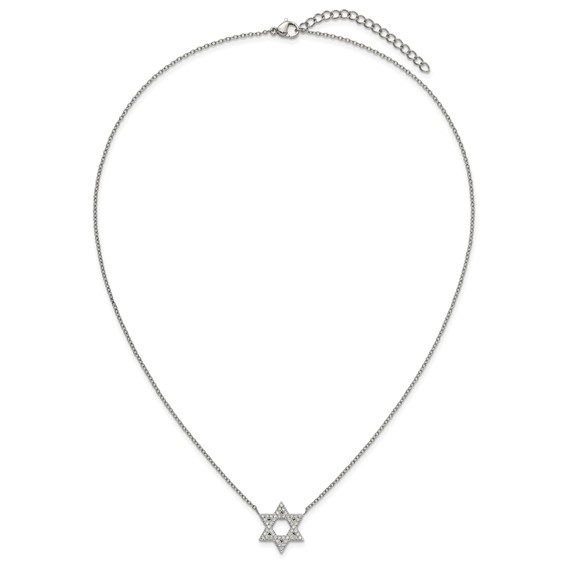 Stainless Steel Polished w/CZ Star of David w/2in ext. 18in Necklace