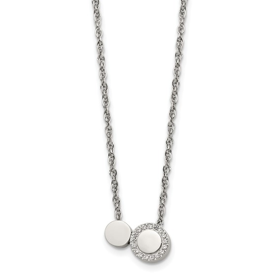 Stainless Steel Polished w/CZ Cirlces 18in w/1.75in ext. Necklace