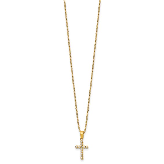 Stainless Steel Polished Yellow IP-plated CZ Cross 18in w/2in ext. Necklace