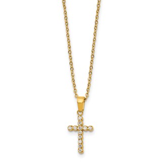 Stainless Steel Polished Yellow IP-plated CZ Cross 18in w/2in ext. Necklace