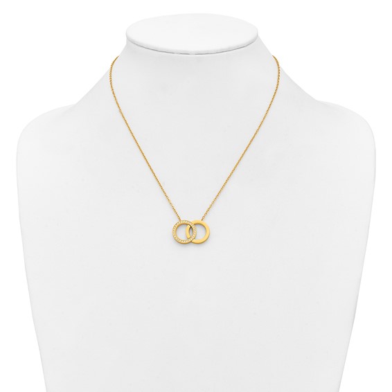 StainlessSteel Polished Yellow IP w/CZ Double Rings 18in w/2in ext Necklace