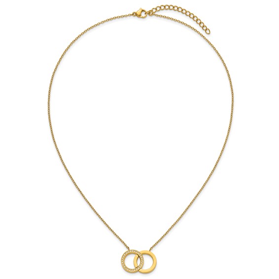 StainlessSteel Polished Yellow IP w/CZ Double Rings 18in w/2in ext Necklace