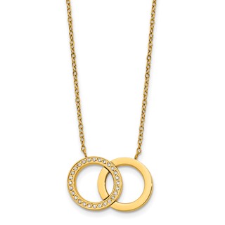 StainlessSteel Polished Yellow IP w/CZ Double Rings 18in w/2in ext Necklace