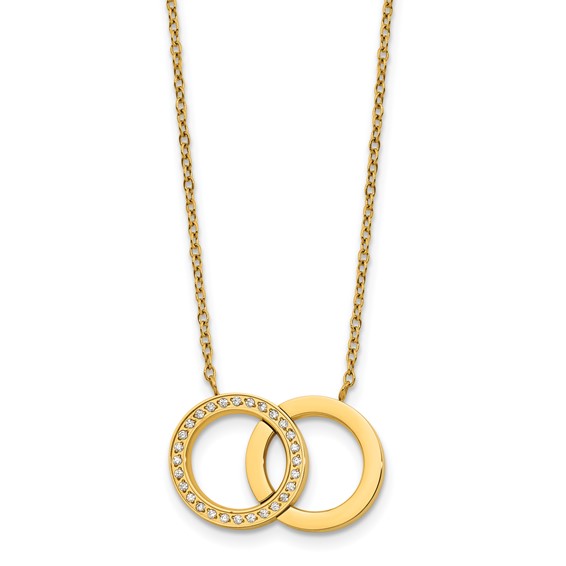 StainlessSteel Polished Yellow IP w/CZ Double Rings 18in w/2in ext Necklace